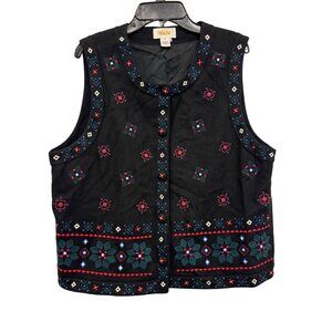 Talbots Embroidered Black Button-Up Vest Wool Blend Womens Size M